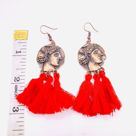 Antique bronze coin red tassel earrings - Picture 4 of 4